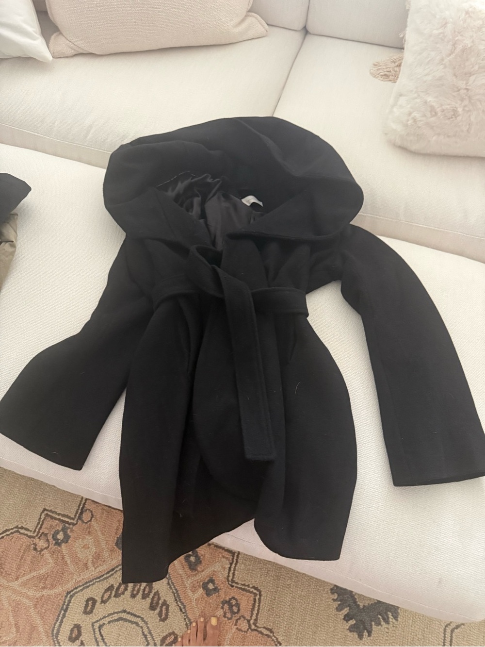 T Tahari Black Hooded Belted Coat